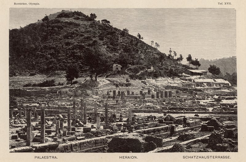 Excavación del sitio de la antigua Olimpia, Grecia: la Palestra, el Templo de Hera y los Tesoros de German School