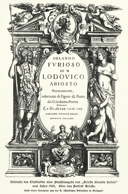 Facsímil de la portada de una edición de 1583 del poema épico Orlando Furioso del poeta italiano Ludovico Ariosto de German School