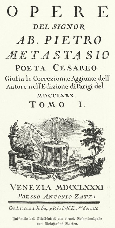 Facsímil de la portada de una edición veneciana de las obras completas del poeta y libretista italiano Pietro Metastasio de German School