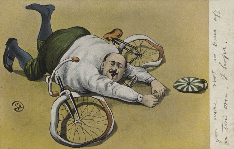 Hombre gordo, caído de su bicicleta de German School