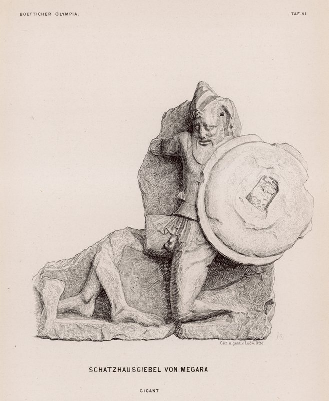 Figura de un gigante del frontón del Tesoro de Megara, Olimpia, Grecia de German School