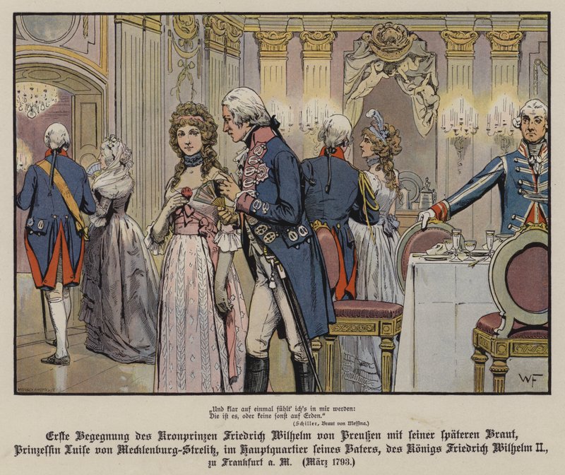 Primer encuentro del Príncipe Heredero Federico Guillermo de Prusia y su futura esposa, la Princesa Luisa de Mecklemburgo-Strelitz en el cuartel general de su padre, el Rey Federico Guillermo II, en Frankfurt de German School