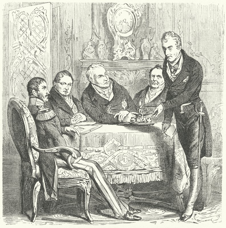 Federico Guillermo III de Prusia en discusiones con su Primer Ministro, Karl August von Hardenberg y Klemens von Metternich, el Ministro de Relaciones Exteriores de Austria (grabado) de German School