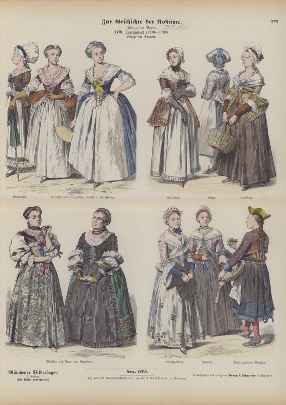 Trajes de mujeres burguesas francesas y alemanas, finales del siglo XVIII de German School