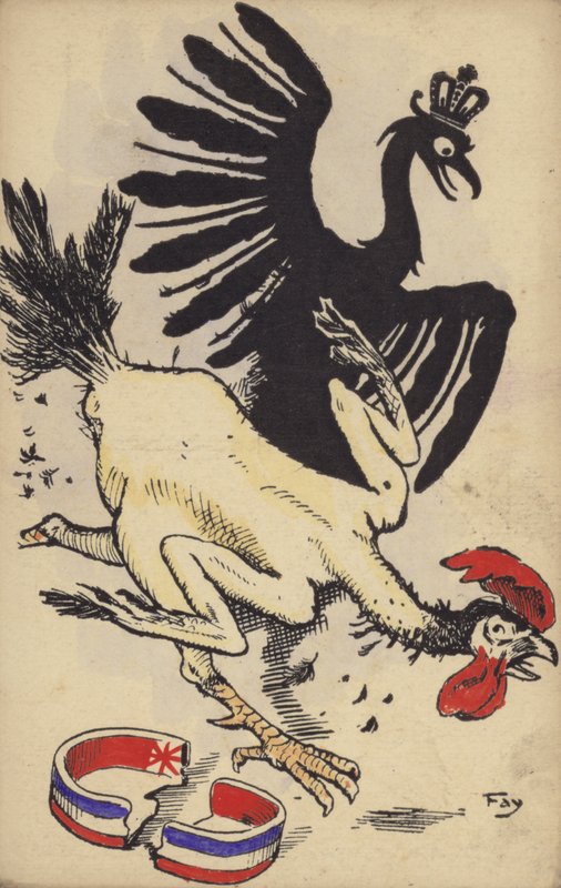 Gallo francés huyendo del águila alemana (litografía en color) de German School