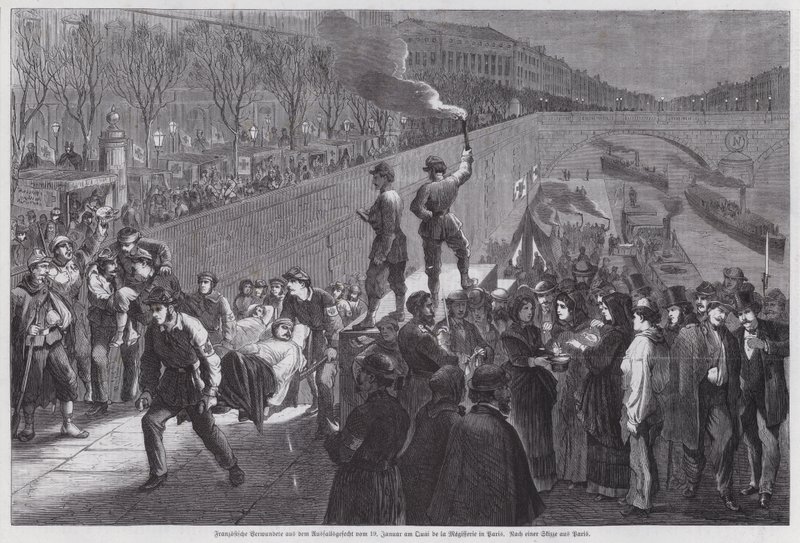 Soldados franceses heridos en el último intento fallido de romper el Sitio de París llegando al Quai de la Megisserie, Guerra Franco-Prusiana, enero de 1871 de German School
