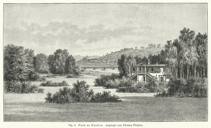 Diseño de jardín: Parque Muskau, Alemania, diseñado por el Príncipe Hermann von Pueckler-Muskau (grabado) de German School