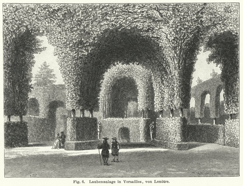 Diseño de jardín: cenadores en los jardines de Versalles, Francia, diseñados por André le Nôtre en el siglo XVII de German School