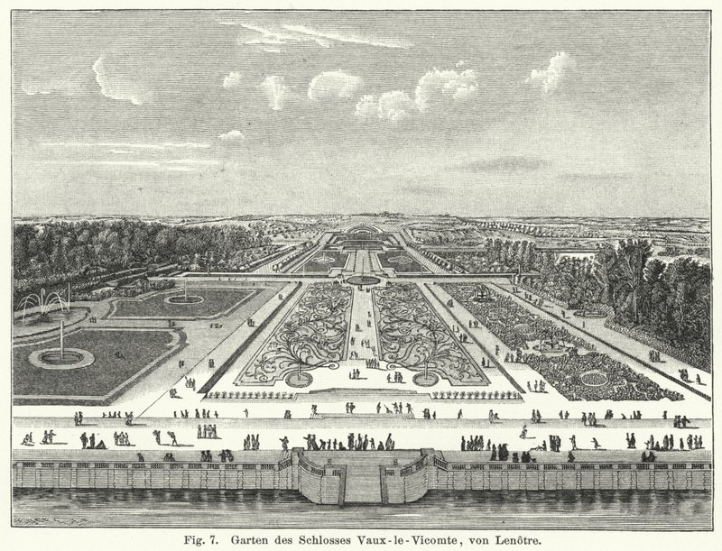 Diseño de jardines: jardines del Chateau de Vaux-le-Vicomte, Maincy, Francia, diseñados por Andre le Notre en el siglo XVII (grabado) de German School