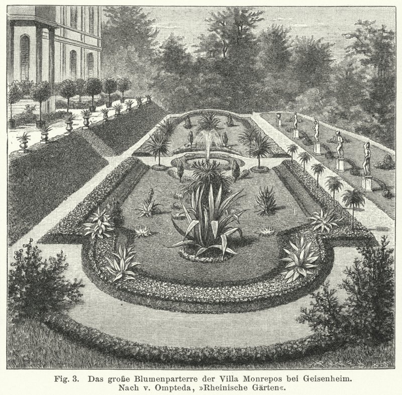 Diseño de jardín: gran parterre en Monrepos, finca del banquero y astrónomo aficionado Heinrich Eduard von Lade, Geisenheim, Alemania (grabado) de German School