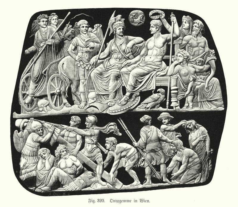 Gemma Augustea, antiguo camafeo de ónix romano (grabado) de German School