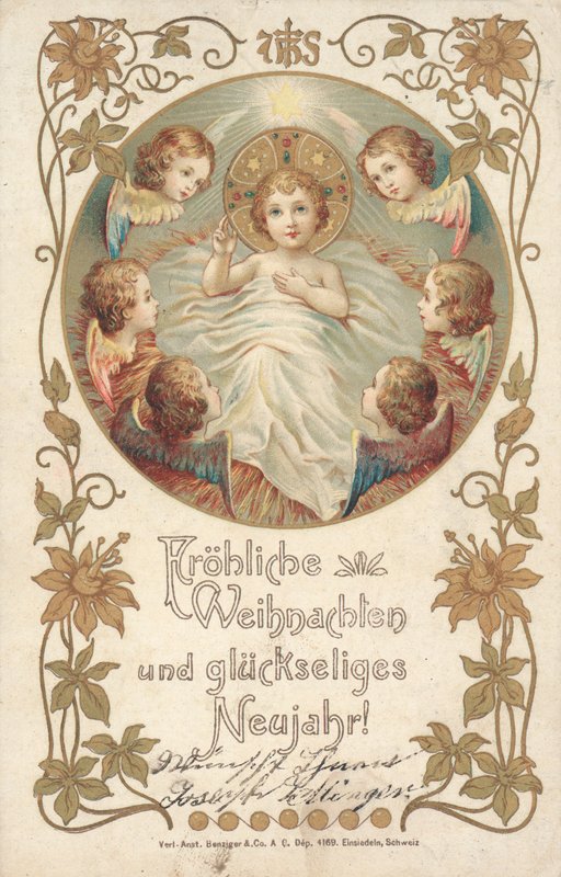Tarjeta de Navidad alemana (litografía en color) de German School