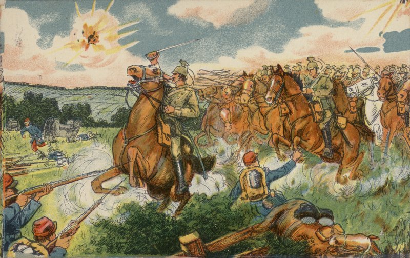 Caballería alemana al mando del príncipe heredero Guillermo atacando a las tropas francesas cerca de Longwy, Francia, Primera Guerra Mundial. de German School