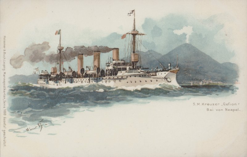 Crucero alemán Gefion en la Bahía de Nápoles, Italia de German School