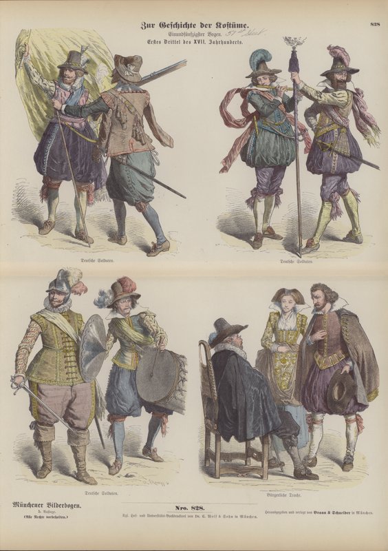 Trajes militares y burgueses alemanes, principios del siglo XVII (grabado coloreado) de German School