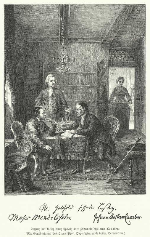 Filósofo y dramaturgo alemán discutiendo religión con Moses Mendelssohn y Johann Kaspar Lavater de German School