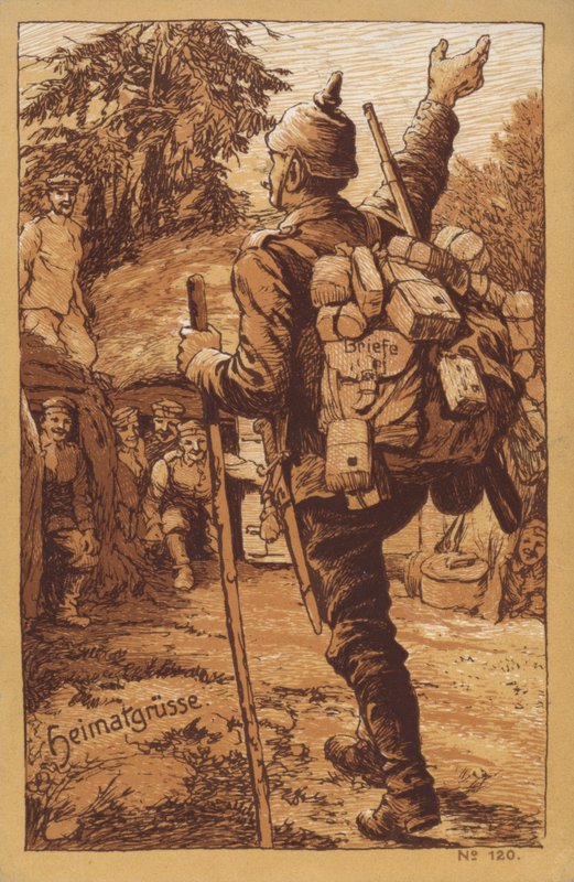 Soldado alemán cargado con correo recibiendo una calurosa bienvenida al regresar a su unidad (litografía) de German School