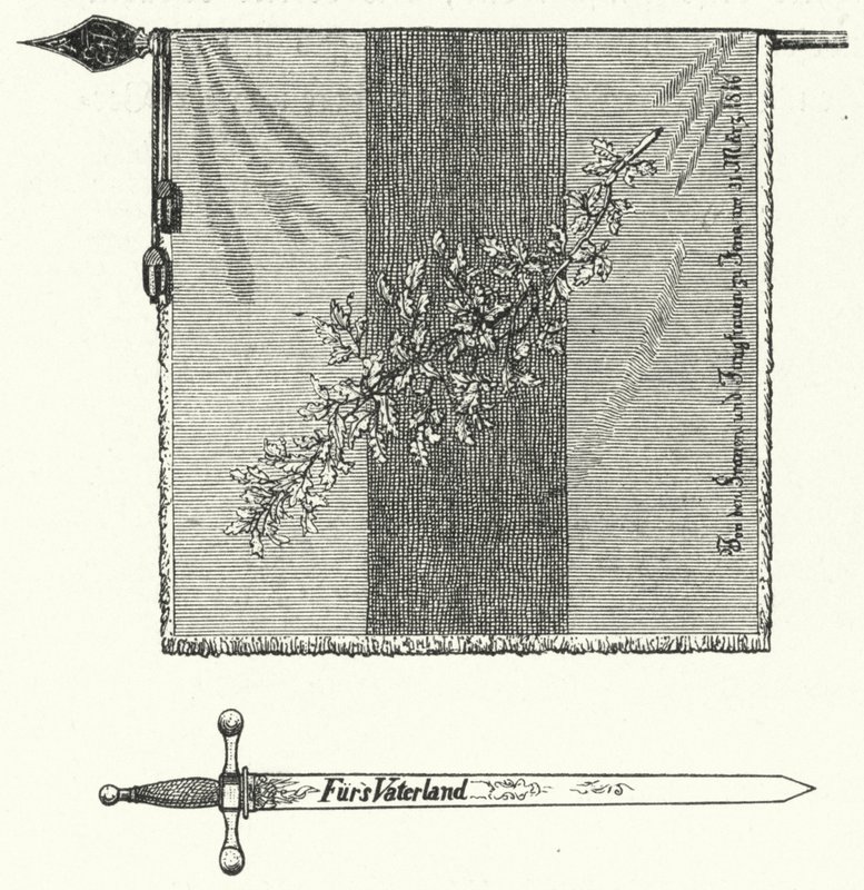 Bandera y espada de la fraternidad estudiantil alemana (grabado) de German School