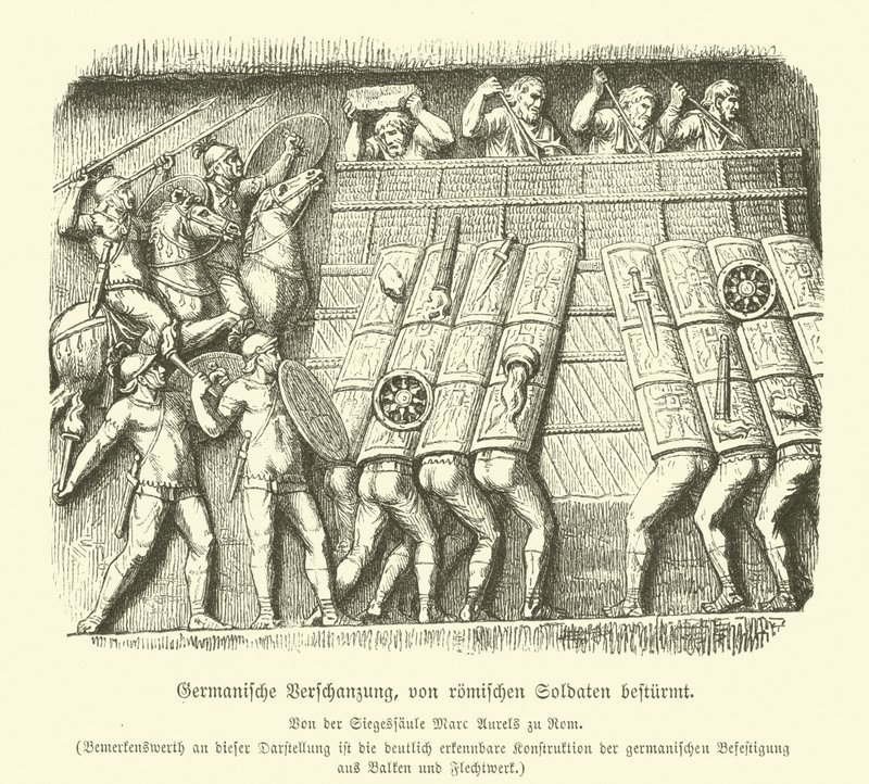 Fortificación germánica bajo ataque de soldados romanos de German School