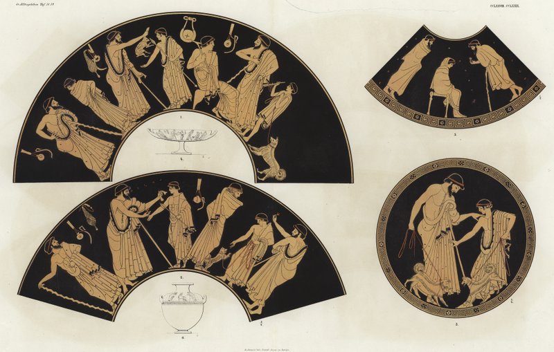 Figuras griegas con perros y capas de German School