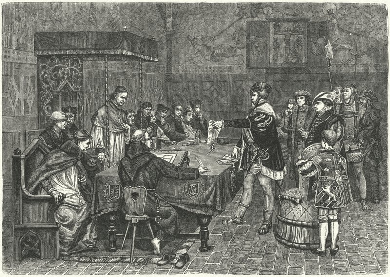 Gustav I Vasa, Rey de Suecia, confrontando a Peter Sunnanvader, Obispo de Västerås de German School