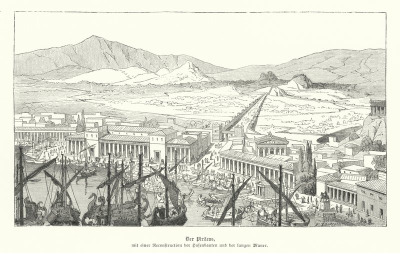 Puerto de El Pireo, Antigua Grecia (grabado) de German School