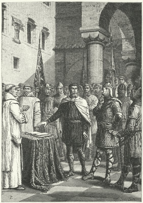 Harold Godwinson jurando un juramento prometiendo apoyar la reclamación de Guillermo de Normandía al trono inglés de German School