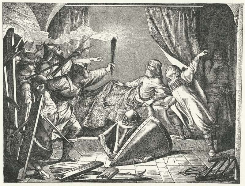 Hartmann de Siebenich disfrazado de Federico Barbarroja para permitir que el Emperador escape de Susa, Italia de German School