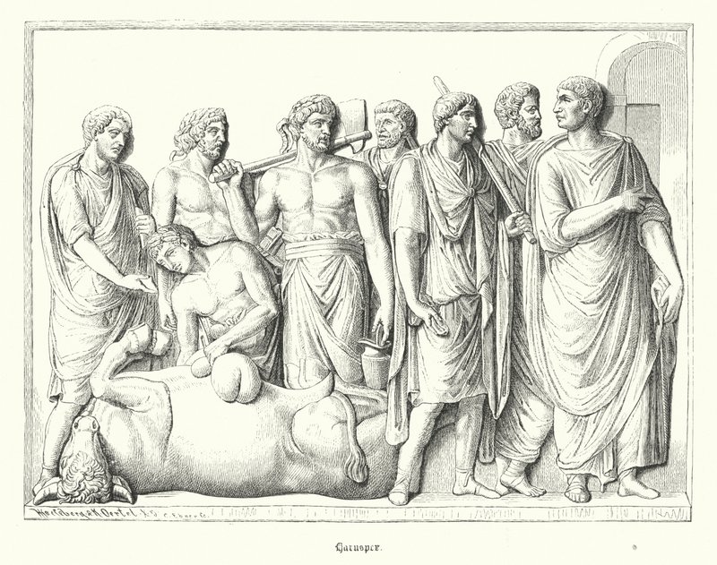 Haruspex estudiando las entrañas de un animal sacrificado en la antigua Roma (grabado) de German School