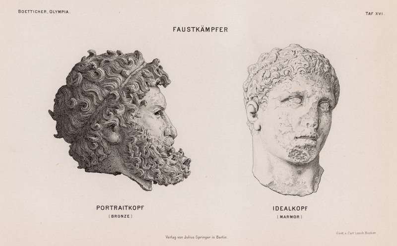 Cabezas de estatuas de boxeadores excavadas en Olimpia, Grecia de German School
