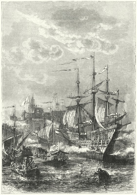 Enrique VIII y la flota inglesa desembarcando en Calais de German School