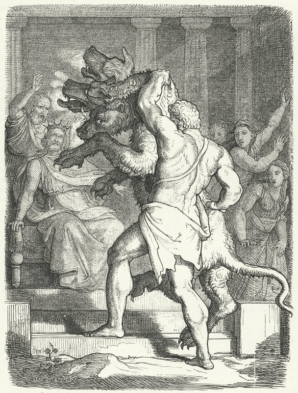 Heracles llevando a Cerbero al rey Euristeo de German School