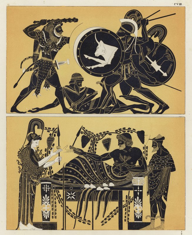 Hércules luchando contra Gerión y Gerión con Atenea y Dionisos de German School