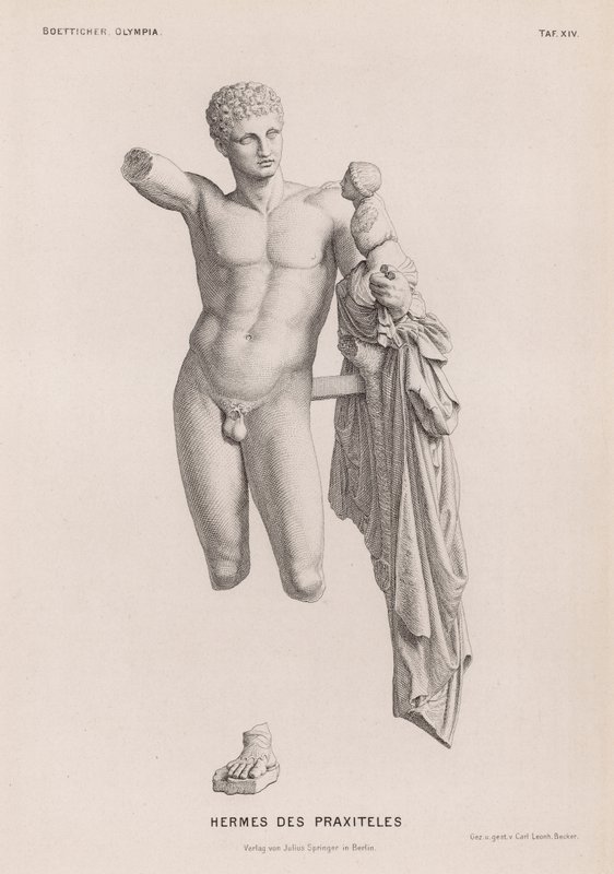 Hermes y el infante Dionisio, escultura atribuida a Praxíteles excavada en Olimpia, Grecia de German School