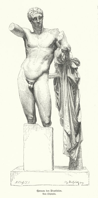 Hermes y el niño Dionisio, estatua del escultor griego Praxíteles descubierta en las ruinas del Templo de Hera, Olimpia de German School