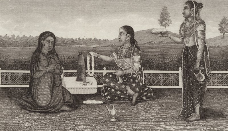 Veneración hindú de los muertos, India. Ilustración para Bilder-Atlas de German School