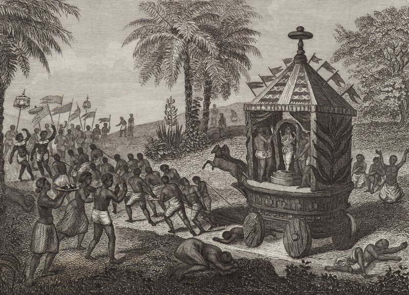 Adoradores hindúes tirando de un Carro de Juggernaut en la India Antigua. Ilustración para Bilder-Atlas de German School