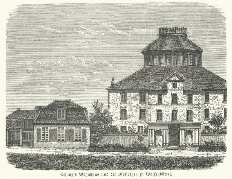 Hogar del filósofo y dramaturgo alemán Gotthold Ephraim Lessing y la biblioteca en Wolfenbüttel (grabado) de German School