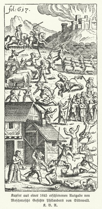 Ilustración de una edición de 1645 de la obra satírica del escritor alemán Johann Michael Moscherosch Wunderliche und Wahrhafftige Gesichte Philanders von Sittewald (Visiones maravillosas y verdaderas de Philander von Sittewald) de German School