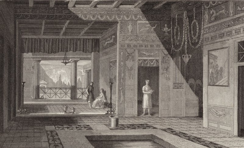 Interior de una casa romana en Pompeya. Ilustración para Bilder-Atlas (grabado) de German School