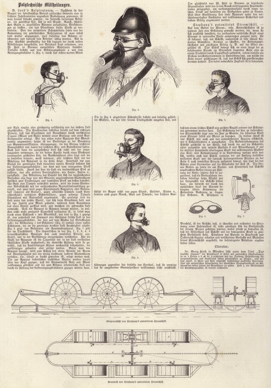 Inventos: respiradores de B Loeb y barco de motor patentado de Stephany (grabado) de German School