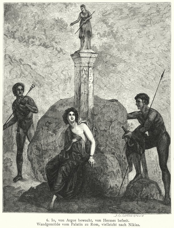 Io, custodiada por Argos Panoptes por orden de la diosa Hera, siendo observada por Hermes, enviado por Zeus para secuestrarla, pintura mural romana de German School