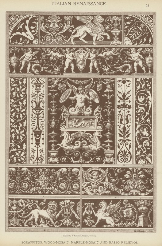 Renacimiento Italiano, Sgraffitos, Mosaico de Madera, Mosaico de Mármol y Bajorrelieves de German School