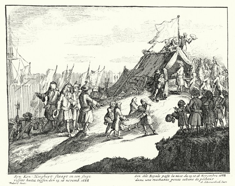 Jacobo II de Inglaterra pasa la noche del 15/16 de noviembre de 1688 en la cabaña de un pobre pescador de German School
