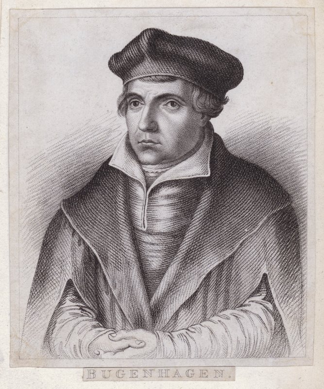 Johannes Bugenhagen (Doctor Pomeranus), sacerdote y teólogo alemán que introdujo la Reforma Protestante en Pomerania y Dinamarca (grabado) de German School