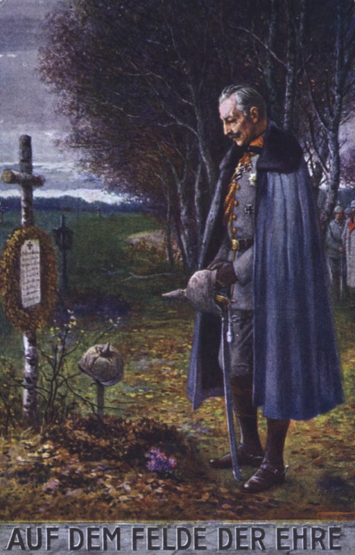 El Kaiser Guillermo II presenta sus respetos ante la tumba de un soldado alemán (litografía en color) de German School