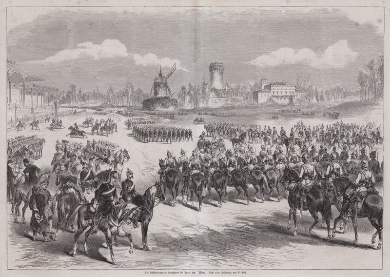 Kaiser Guillermo I de Alemania viendo desfilar a su ejército en Longchamp, París, Francia, marzo de 1871 (grabado) de German School