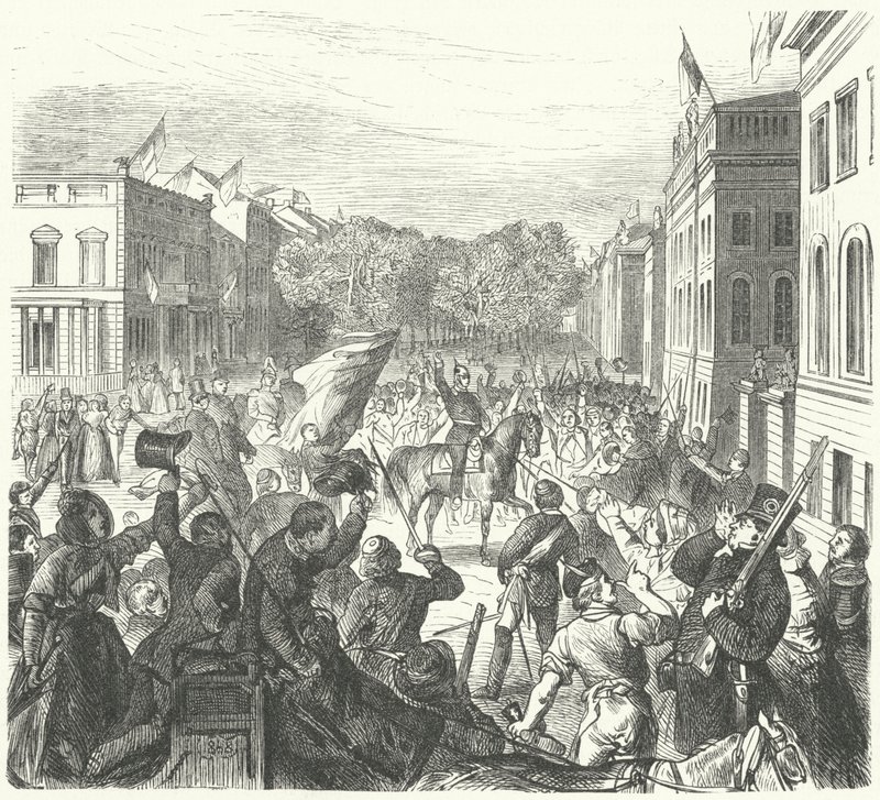 El Rey Federico Guillermo IV de Prusia pasando frente a la Universidad de Berlín camino a asistir a un funeral masivo de civiles muertos en disturbios, 21 de marzo de 1848 (grabado) de German School