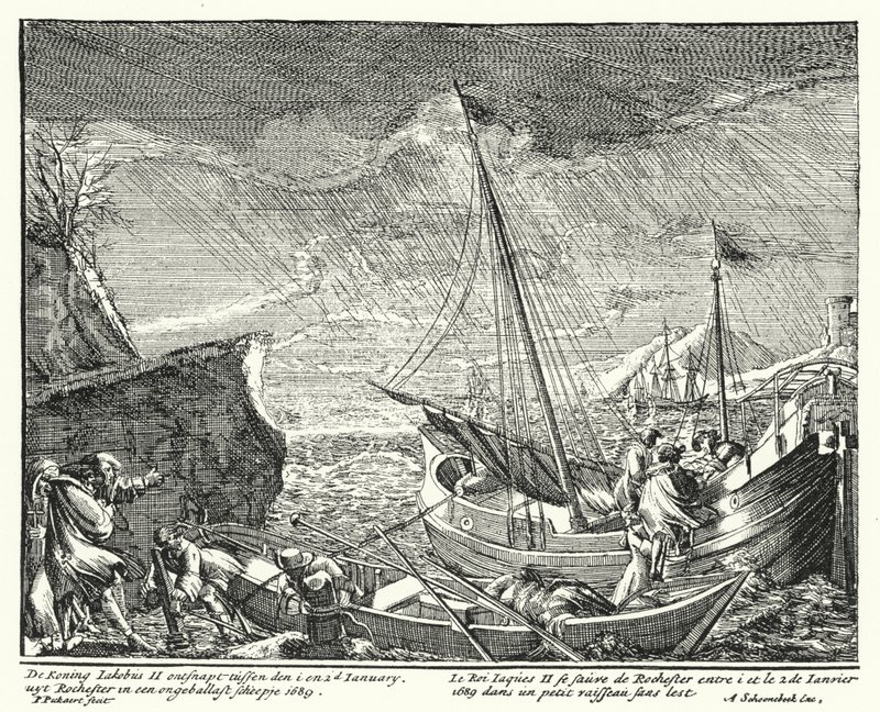 El Rey Jacobo II huye de Inglaterra, dejando Rochester en un pequeño bote de German School