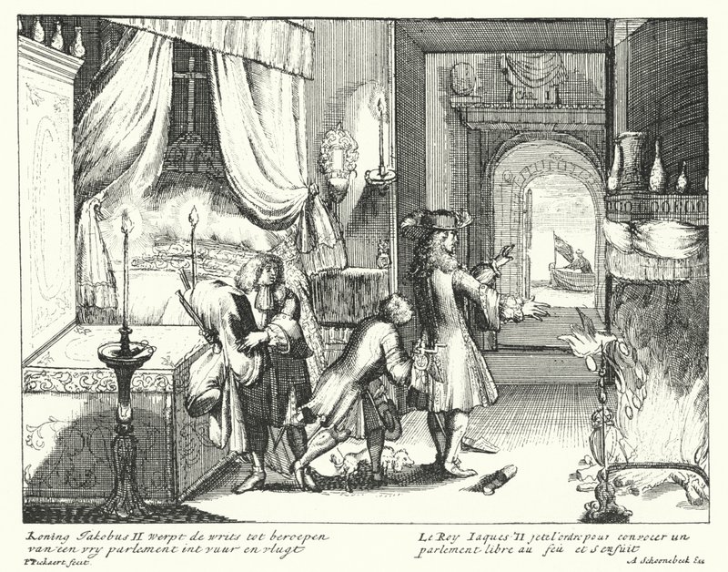 El rey Jacobo II de Inglaterra quema la orden de convocar al Parlamento y huye de German School